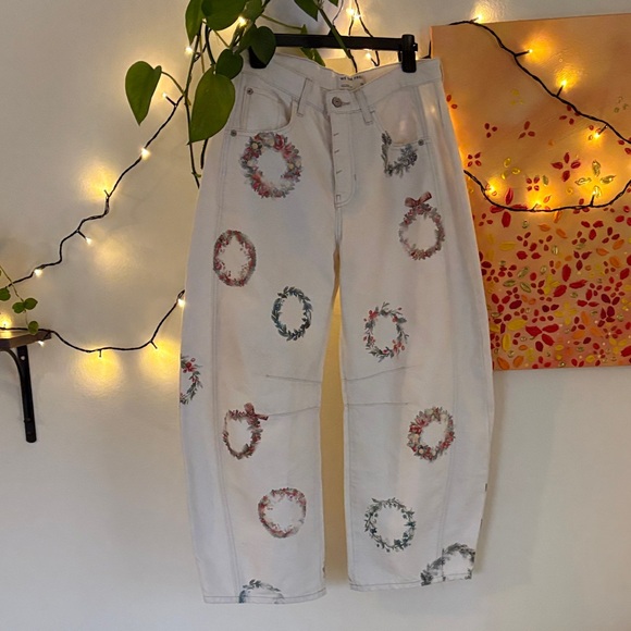 Free People Good Luck Printed Barrel Jeans in the Watercolor Wreath pattern - Picture 2 of 6